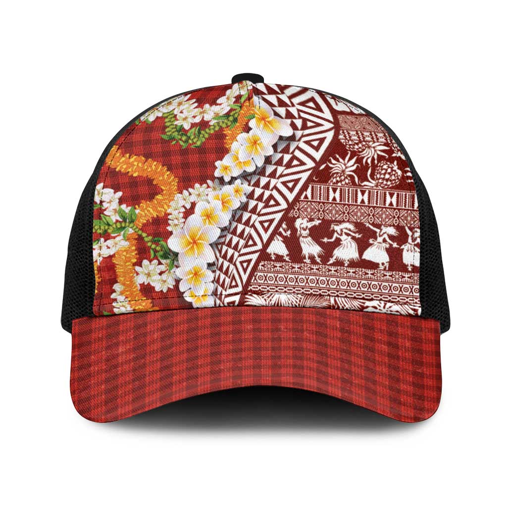Hawaiian Plumeria Lei Baseball Net Cap Kakau Motifs and Palaka Half Style Red Color LT03 One Size Black Red - Polynesian Pride