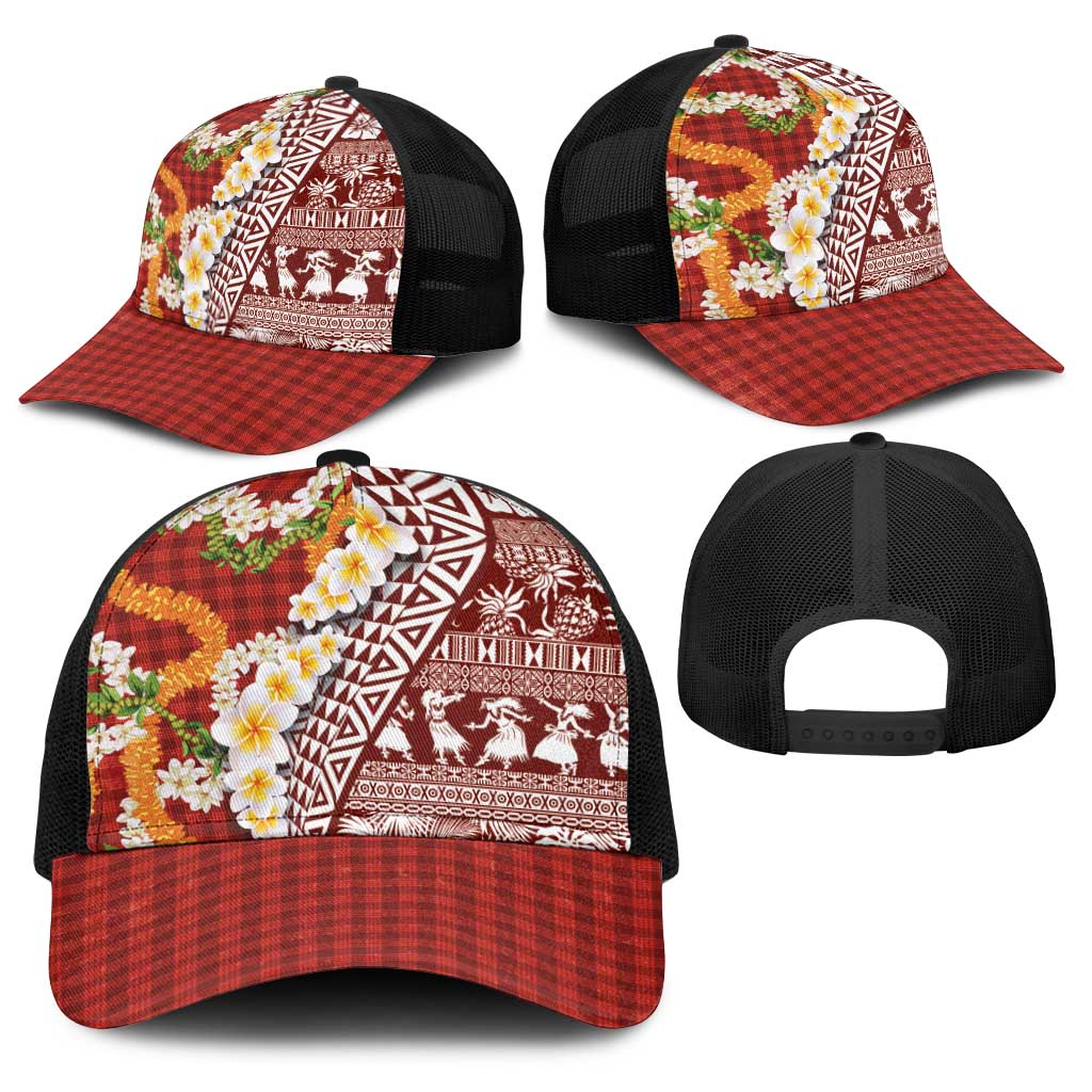 Hawaiian Plumeria Lei Baseball Net Cap Kakau Motifs and Palaka Half Style Red Color LT03 - Polynesian Pride