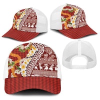 Hawaiian Plumeria Lei Baseball Net Cap Kakau Motifs and Palaka Half Style Red Color LT03 - Polynesian Pride