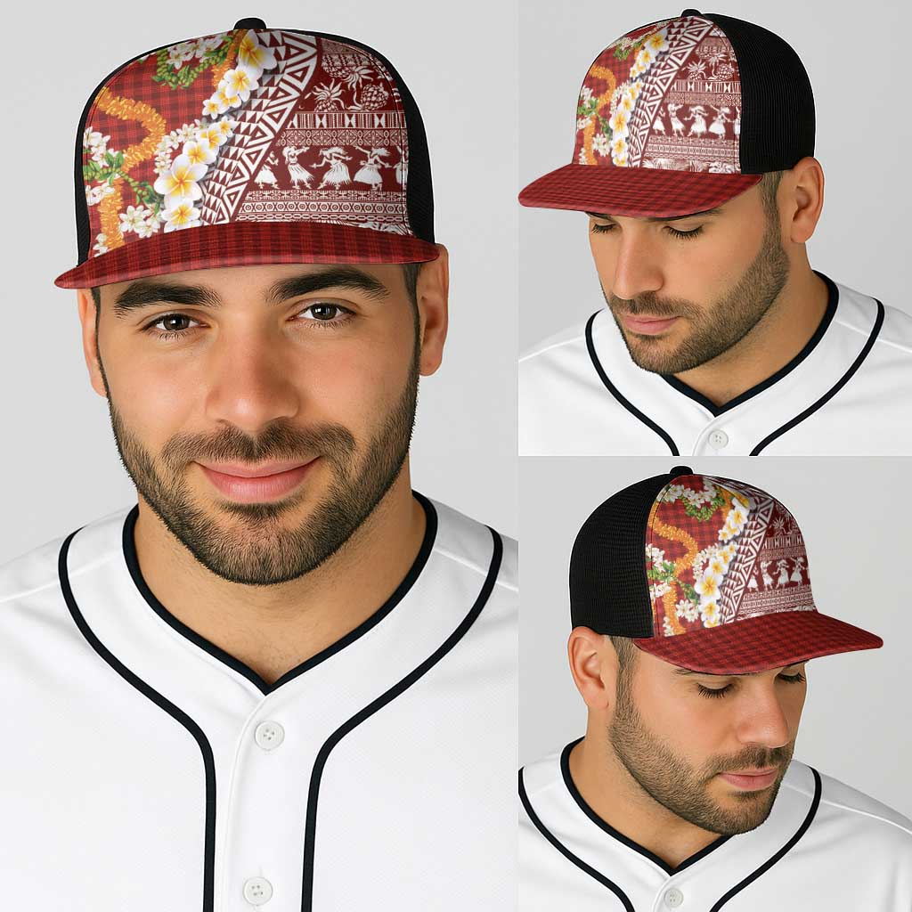 Hawaiian Plumeria Lei Baseball Net Cap Kakau Motifs and Palaka Half Style Red Color LT03 - Polynesian Pride