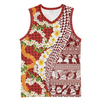 Hawaiian Plumeria Lei Basketball Jersey Kakau Motifs and Palaka Half Style Red Color - Polynesian Pride