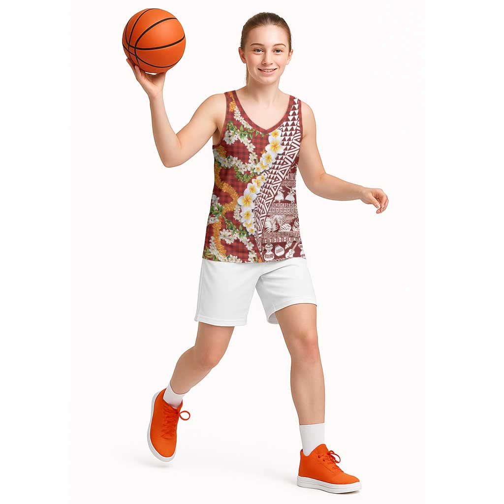Hawaiian Plumeria Lei Basketball Jersey Kakau Motifs and Palaka Half Style Red Color - Polynesian Pride