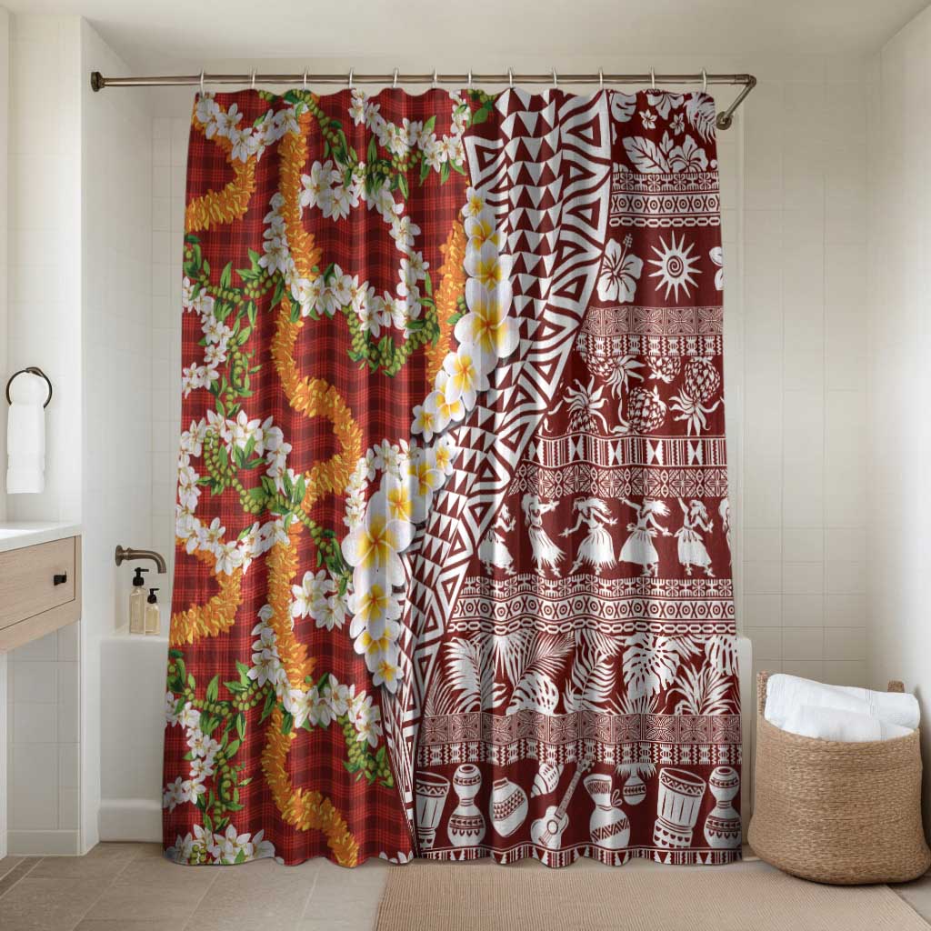 Hawaiian Plumeria Lei Bathroom Set Kakau Motifs and Palaka Half Style Red Color - Polynesian Pride