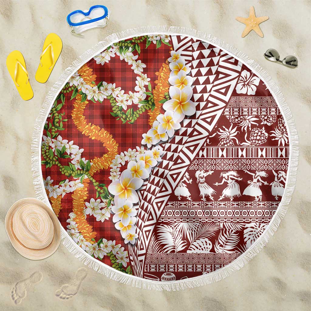 Hawaiian Plumeria Lei Beach Blanket Kakau Motifs and Palaka Half Style Red Color - Polynesian Pride