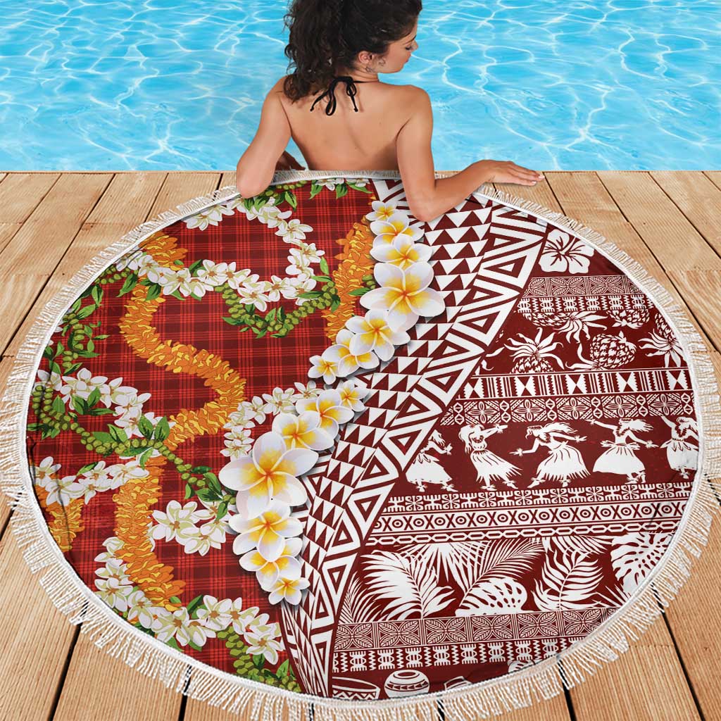 Hawaiian Plumeria Lei Beach Blanket Kakau Motifs and Palaka Half Style Red Color - Polynesian Pride
