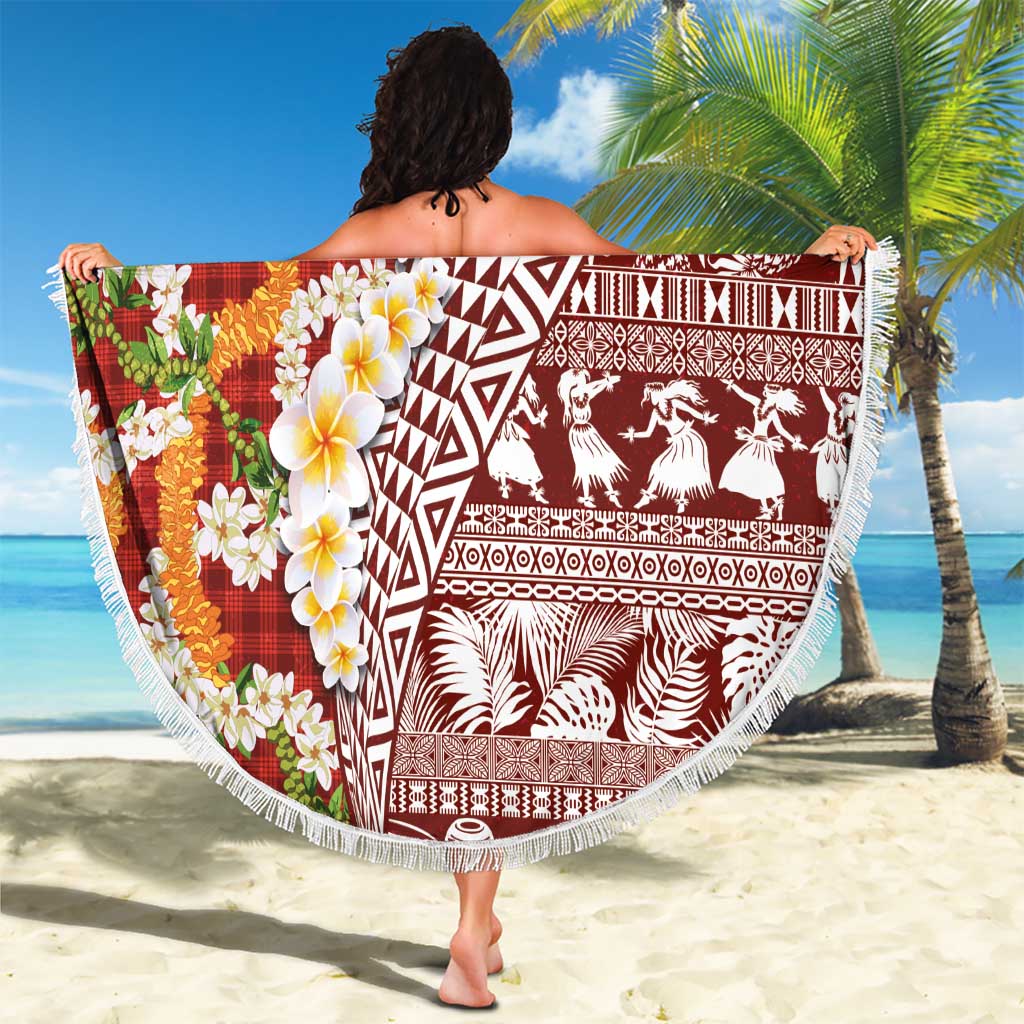 Hawaiian Plumeria Lei Beach Blanket Kakau Motifs and Palaka Half Style Red Color - Polynesian Pride