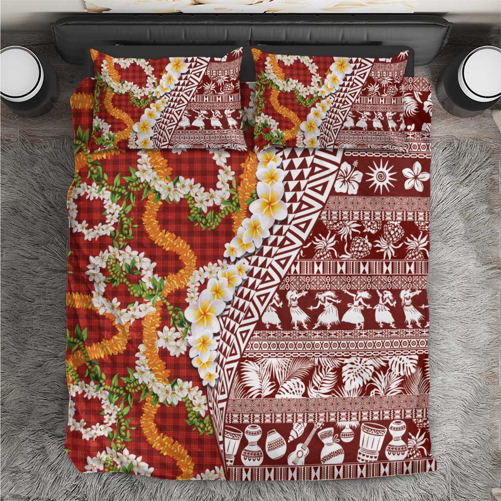 Hawaiian Plumeria Lei Bedding Set Kakau Motifs and Palaka Half Style Red Color - Polynesian Pride