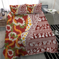 Hawaiian Plumeria Lei Bedding Set Kakau Motifs and Palaka Half Style Red Color - Polynesian Pride