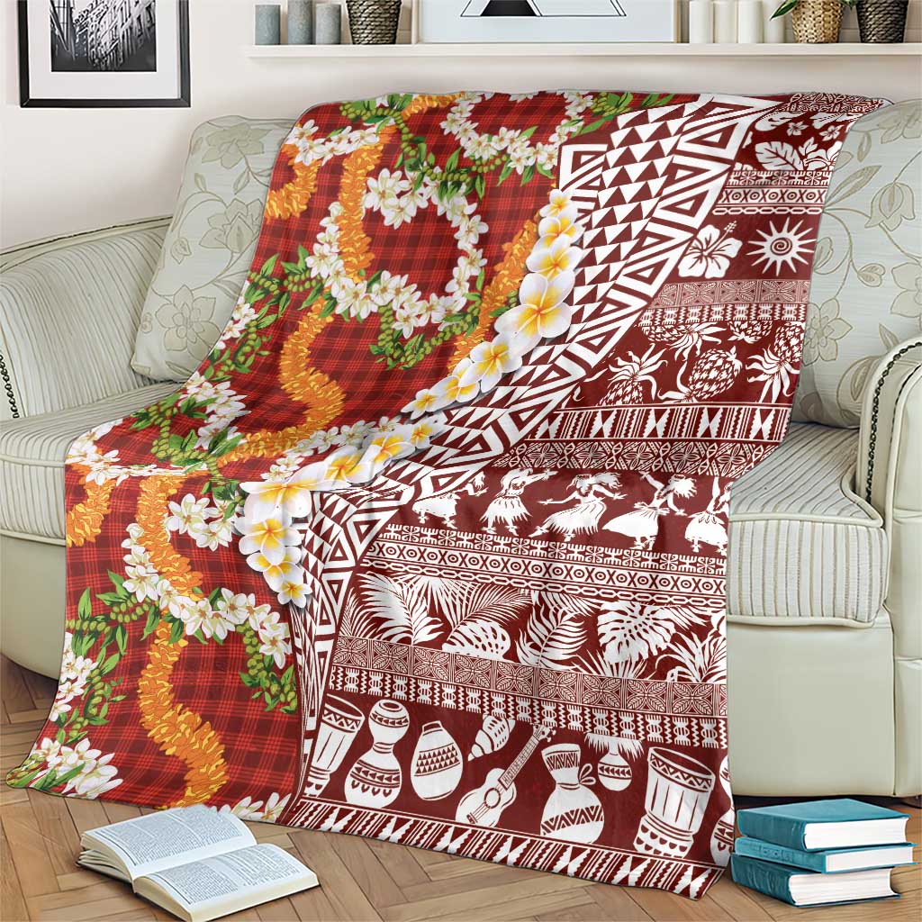Hawaiian Plumeria Lei Blanket Kakau Motifs and Palaka Half Style Red Color - Polynesian Pride