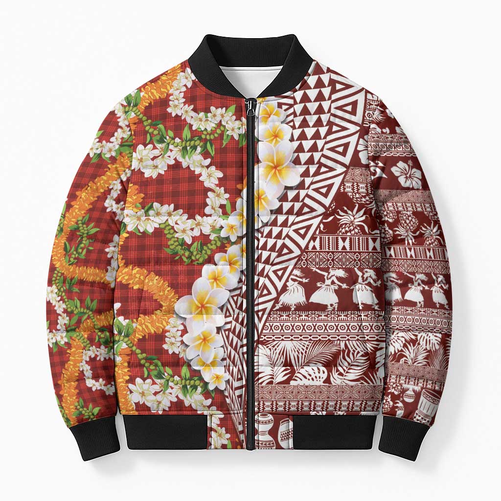 Hawaiian Plumeria Lei Bomber Puffer Jacket Kakau Motifs and Palaka Half Style Red Color LT03 Unisex Red - Polynesian Pride