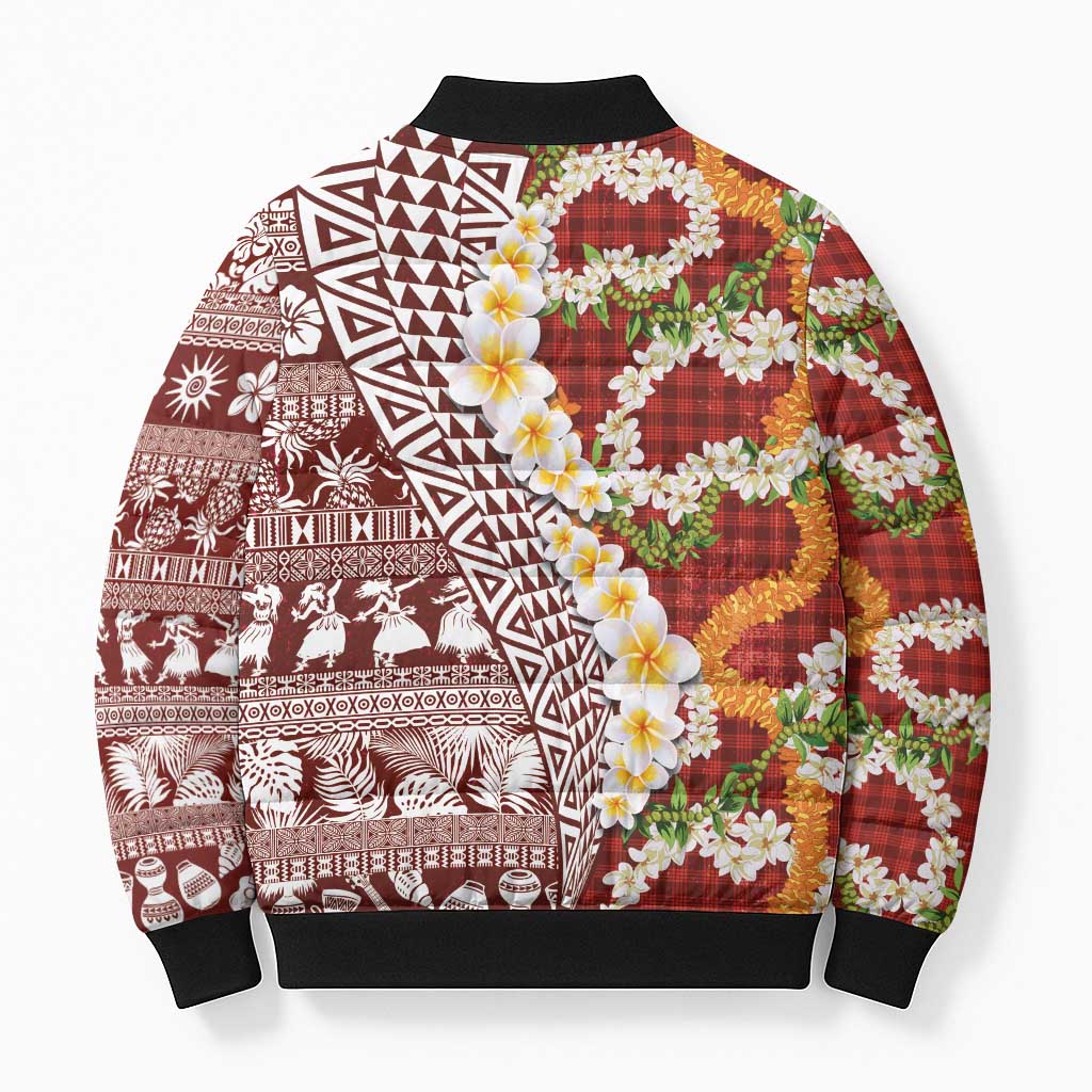 Hawaiian Plumeria Lei Bomber Puffer Jacket Kakau Motifs and Palaka Half Style Red Color LT03 - Polynesian Pride