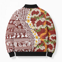 Hawaiian Plumeria Lei Bomber Puffer Jacket Kakau Motifs and Palaka Half Style Red Color LT03 - Polynesian Pride