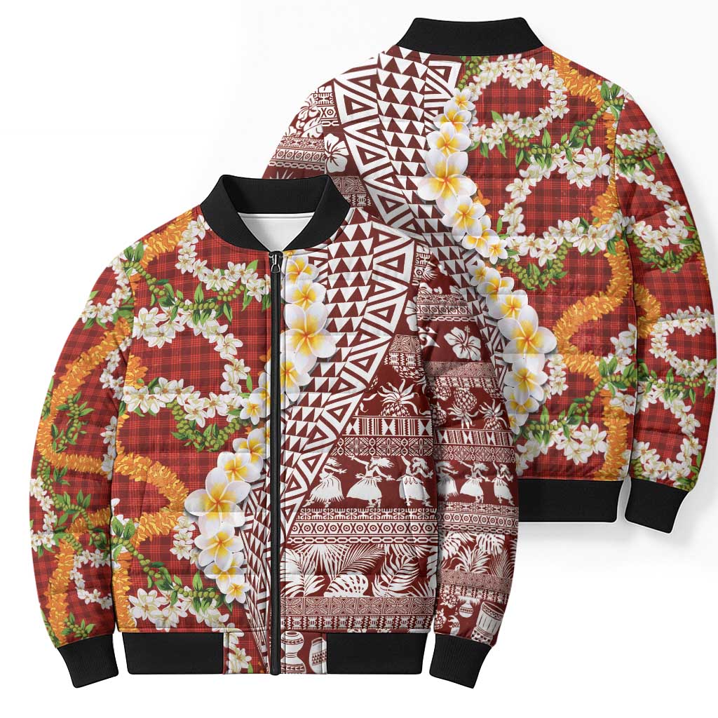 Hawaiian Plumeria Lei Bomber Puffer Jacket Kakau Motifs and Palaka Half Style Red Color LT03 - Polynesian Pride
