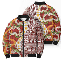 Hawaiian Plumeria Lei Bomber Puffer Jacket Kakau Motifs and Palaka Half Style Red Color LT03 - Polynesian Pride