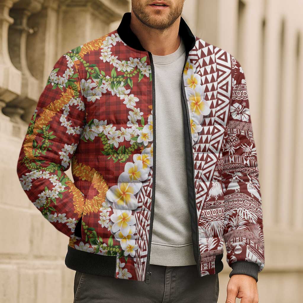 Hawaiian Plumeria Lei Bomber Puffer Jacket Kakau Motifs and Palaka Half Style Red Color LT03 - Polynesian Pride