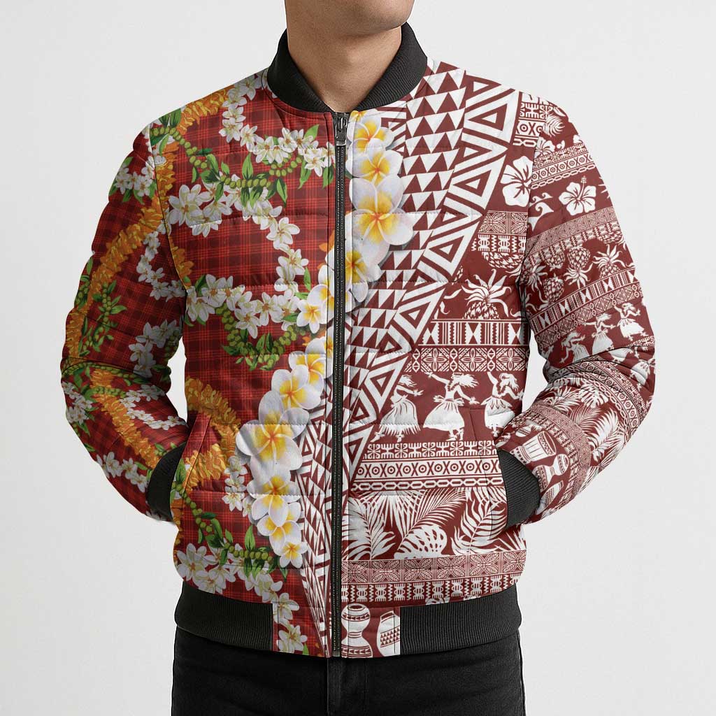 Hawaiian Plumeria Lei Bomber Puffer Jacket Kakau Motifs and Palaka Half Style Red Color LT03 - Polynesian Pride