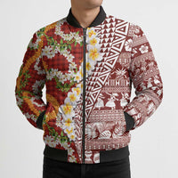 Hawaiian Plumeria Lei Bomber Puffer Jacket Kakau Motifs and Palaka Half Style Red Color LT03 - Polynesian Pride