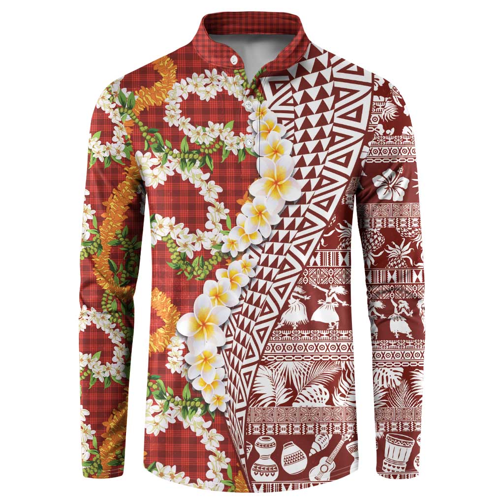Hawaiian Plumeria Lei Button Sweatshirt Kakau Motifs and Palaka Half Style Red Color LT03 Red - Polynesian Pride