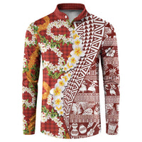 Hawaiian Plumeria Lei Button Sweatshirt Kakau Motifs and Palaka Half Style Red Color LT03 Red - Polynesian Pride