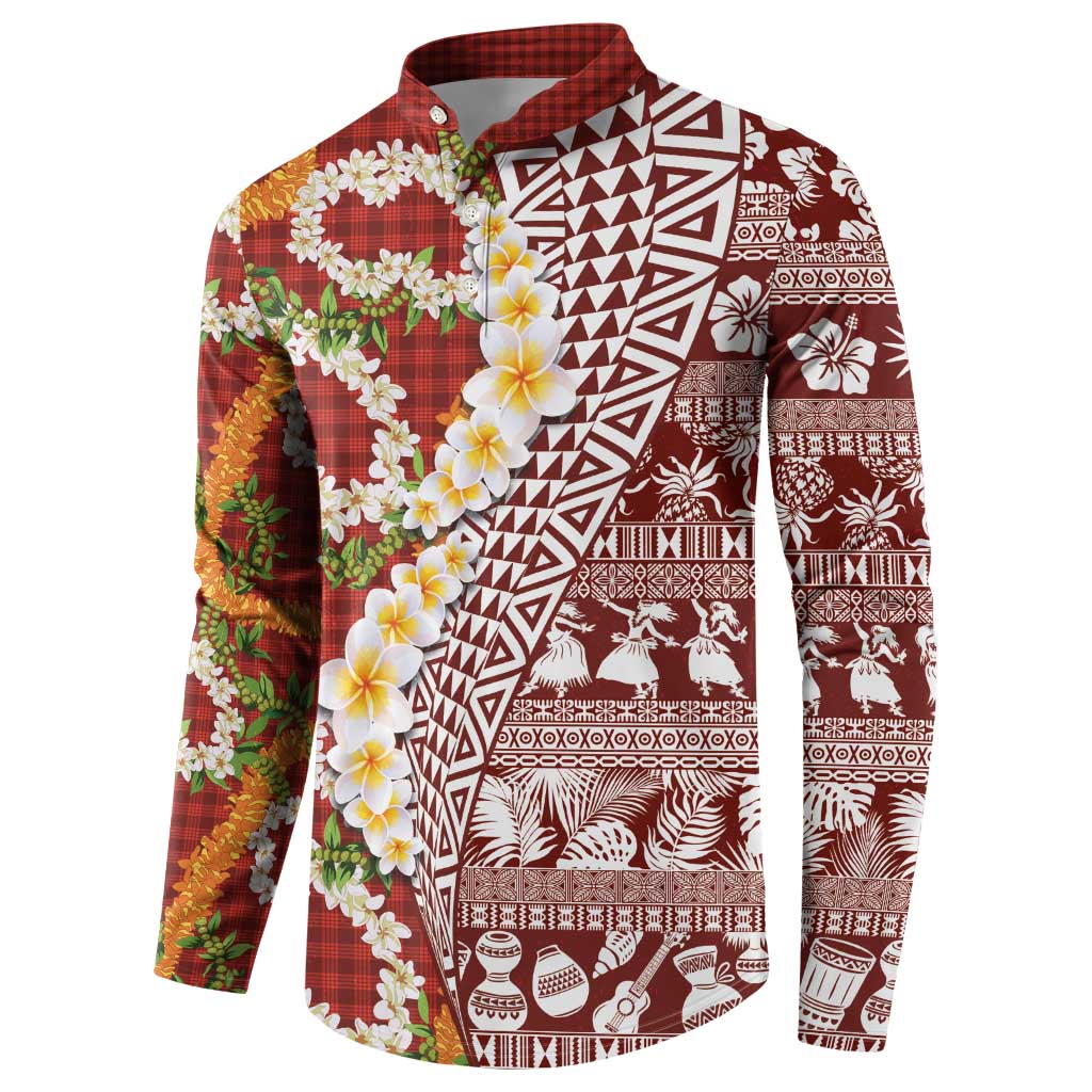 Hawaiian Plumeria Lei Button Sweatshirt Kakau Motifs and Palaka Half Style Red Color LT03 - Polynesian Pride