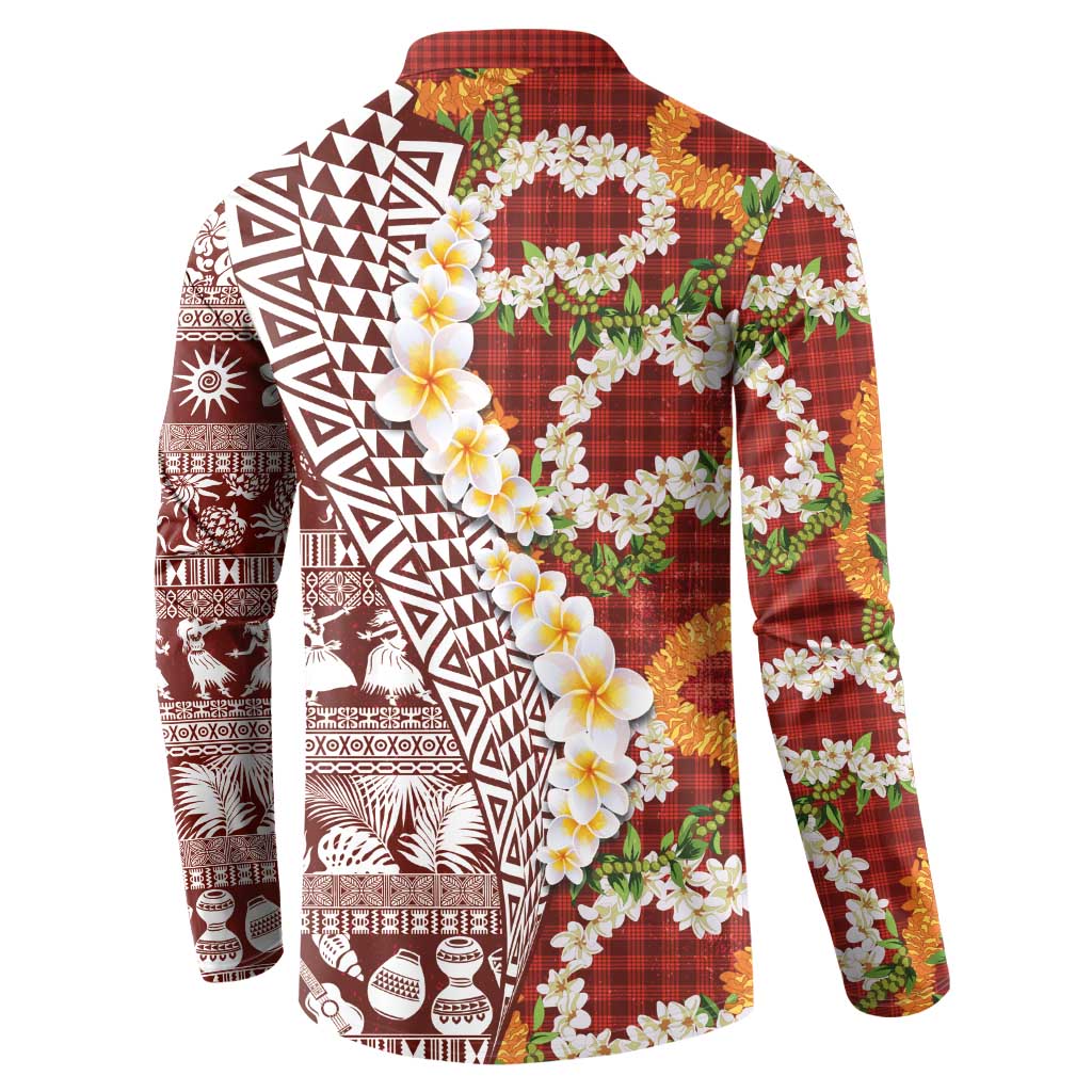 Hawaiian Plumeria Lei Button Sweatshirt Kakau Motifs and Palaka Half Style Red Color LT03 - Polynesian Pride