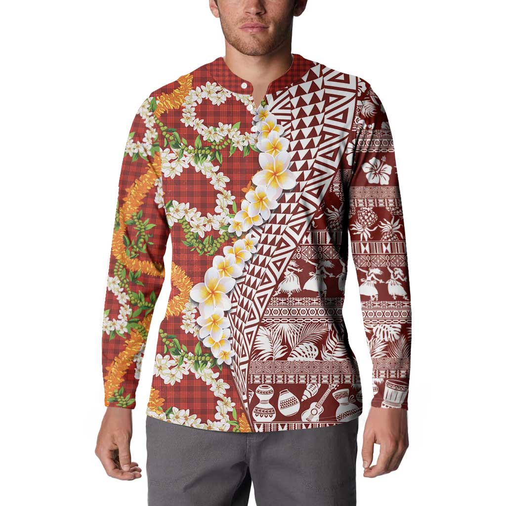 Hawaiian Plumeria Lei Button Sweatshirt Kakau Motifs and Palaka Half Style Red Color LT03 - Polynesian Pride