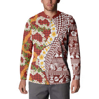 Hawaiian Plumeria Lei Button Sweatshirt Kakau Motifs and Palaka Half Style Red Color LT03 - Polynesian Pride
