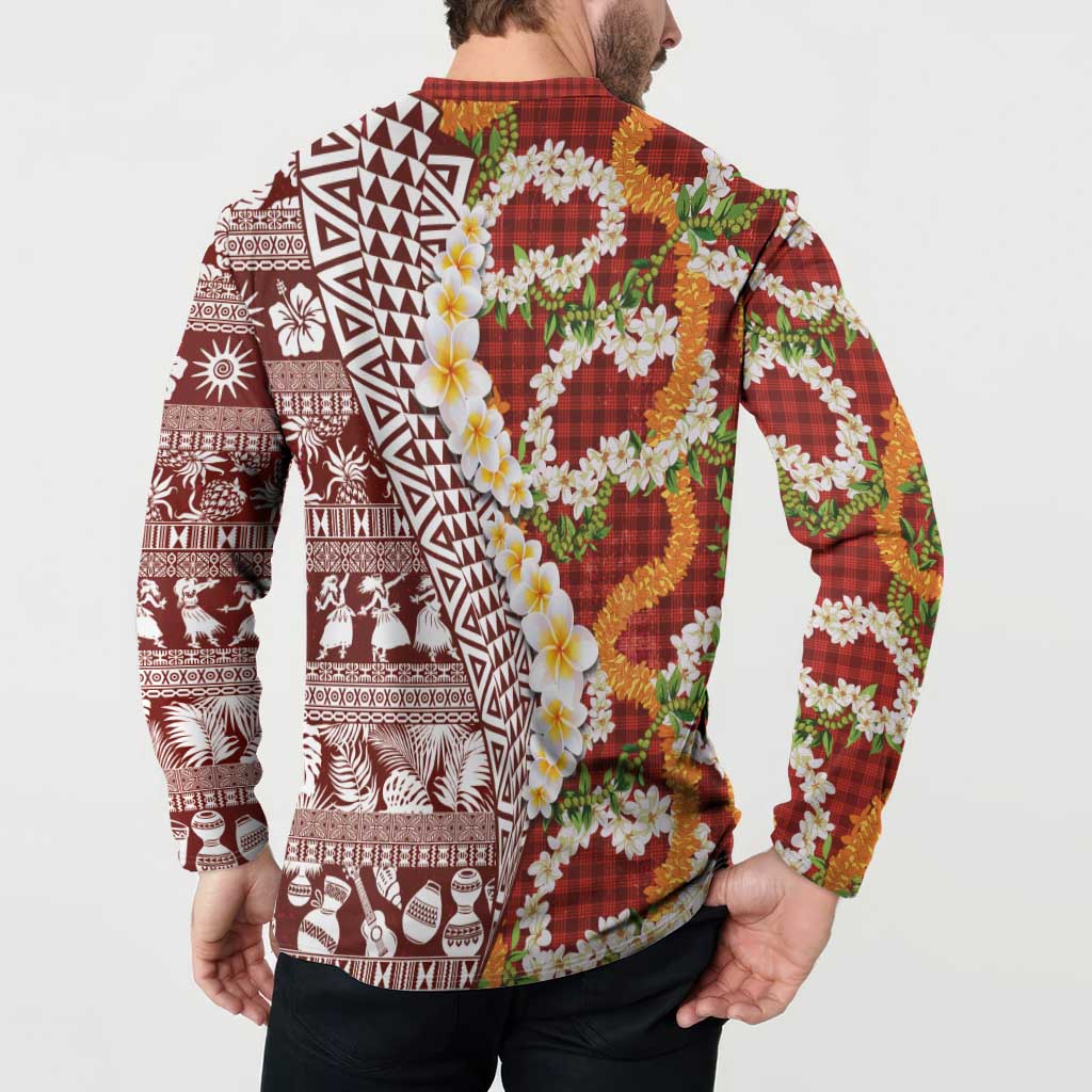 Hawaiian Plumeria Lei Button Sweatshirt Kakau Motifs and Palaka Half Style Red Color LT03 - Polynesian Pride