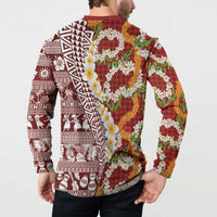 Hawaiian Plumeria Lei Button Sweatshirt Kakau Motifs and Palaka Half Style Red Color LT03 - Polynesian Pride