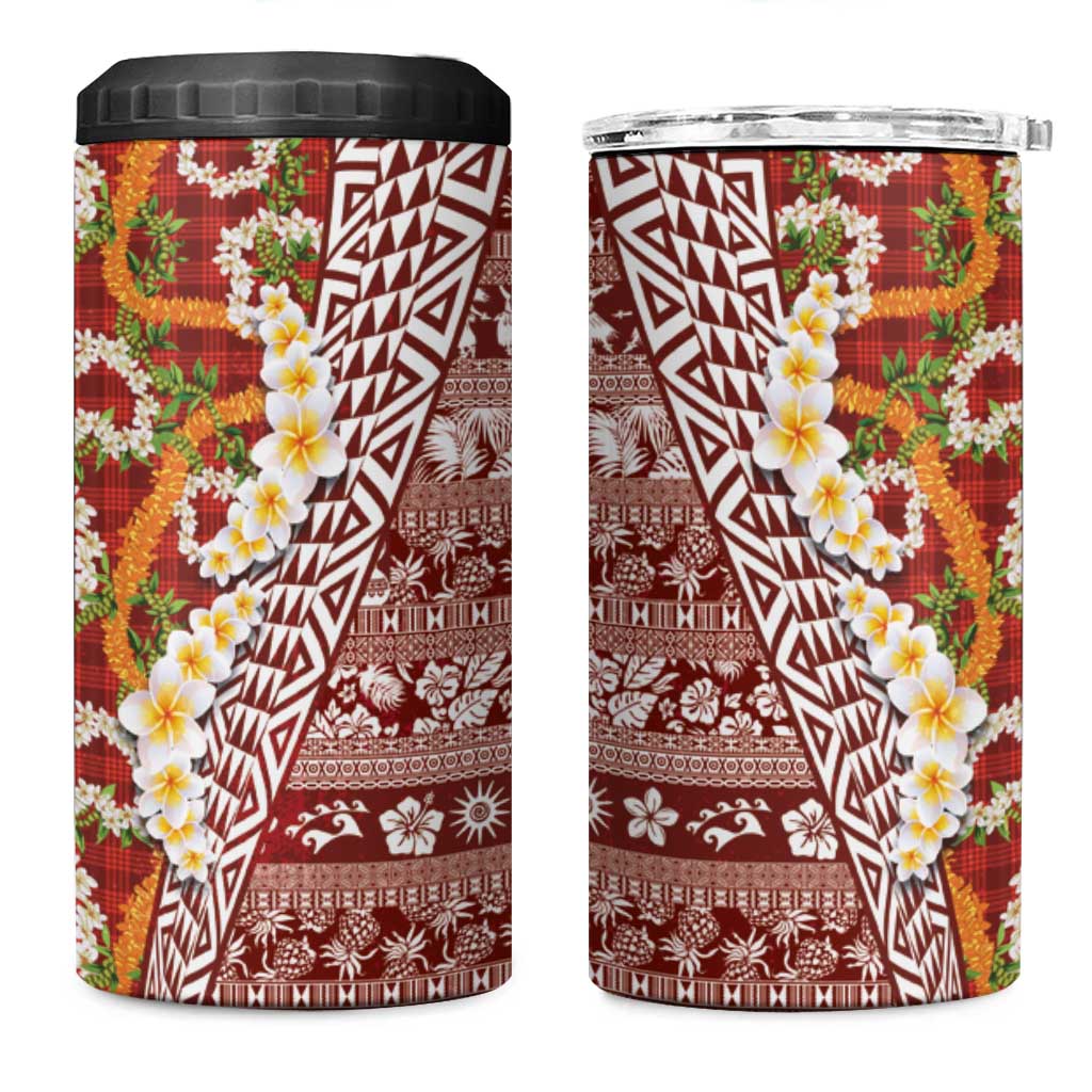 Hawaiian Plumeria Lei 4 in 1 Can Cooler Tumbler Kakau Motifs and Palaka Half Style Red Color - Polynesian Pride