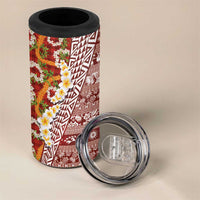 Hawaiian Plumeria Lei 4 in 1 Can Cooler Tumbler Kakau Motifs and Palaka Half Style Red Color - Polynesian Pride