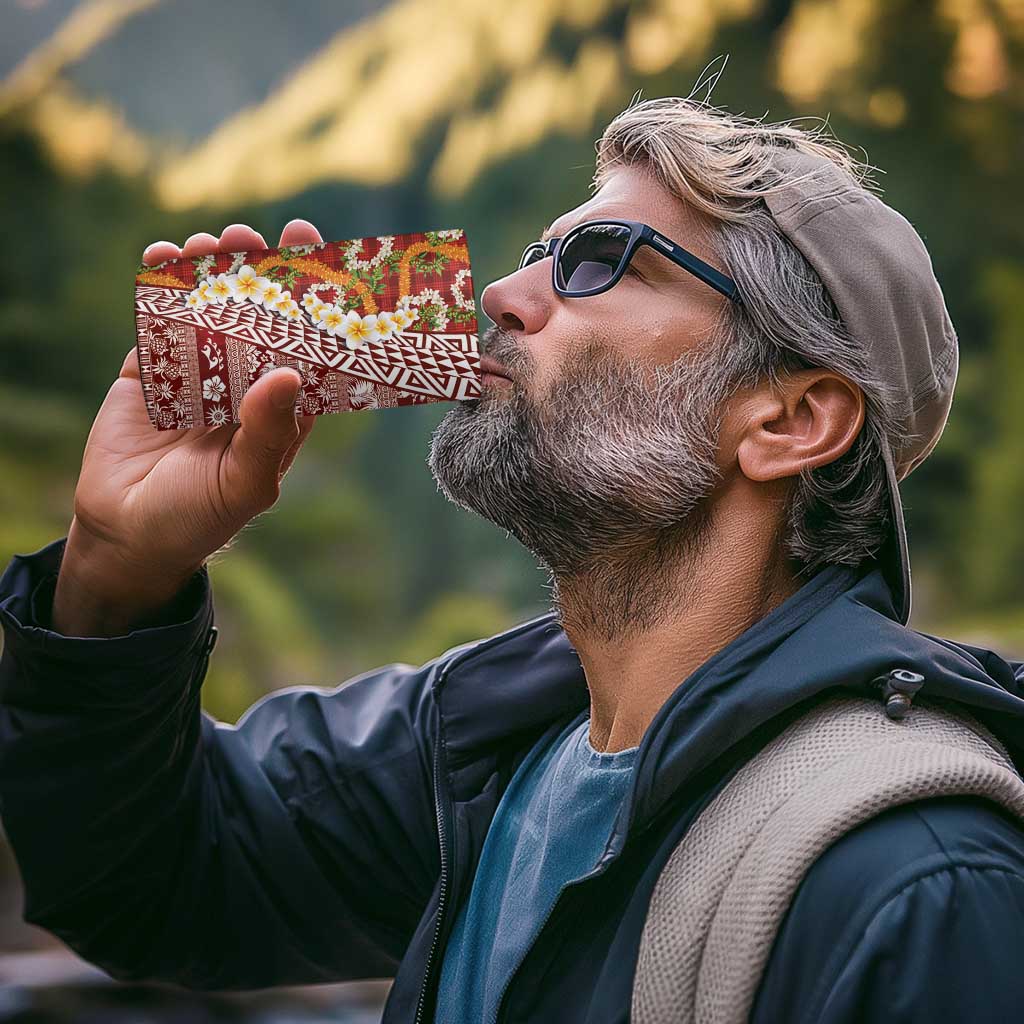Hawaiian Plumeria Lei 4 in 1 Can Cooler Tumbler Kakau Motifs and Palaka Half Style Red Color - Polynesian Pride