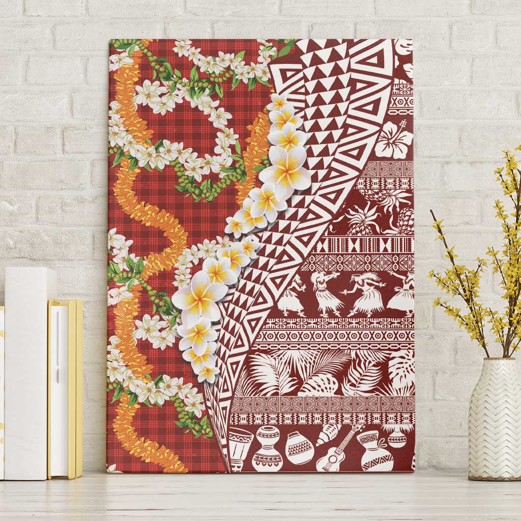 Hawaiian Plumeria Lei Canvas Wall Art Kakau Motifs and Palaka Half Style Red Color LT03 Without Frame Red - Polynesian Pride