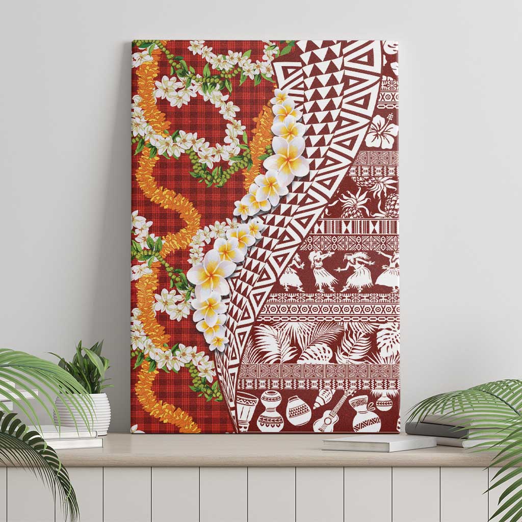 Hawaiian Plumeria Lei Canvas Wall Art Kakau Motifs and Palaka Half Style Red Color LT03 - Polynesian Pride