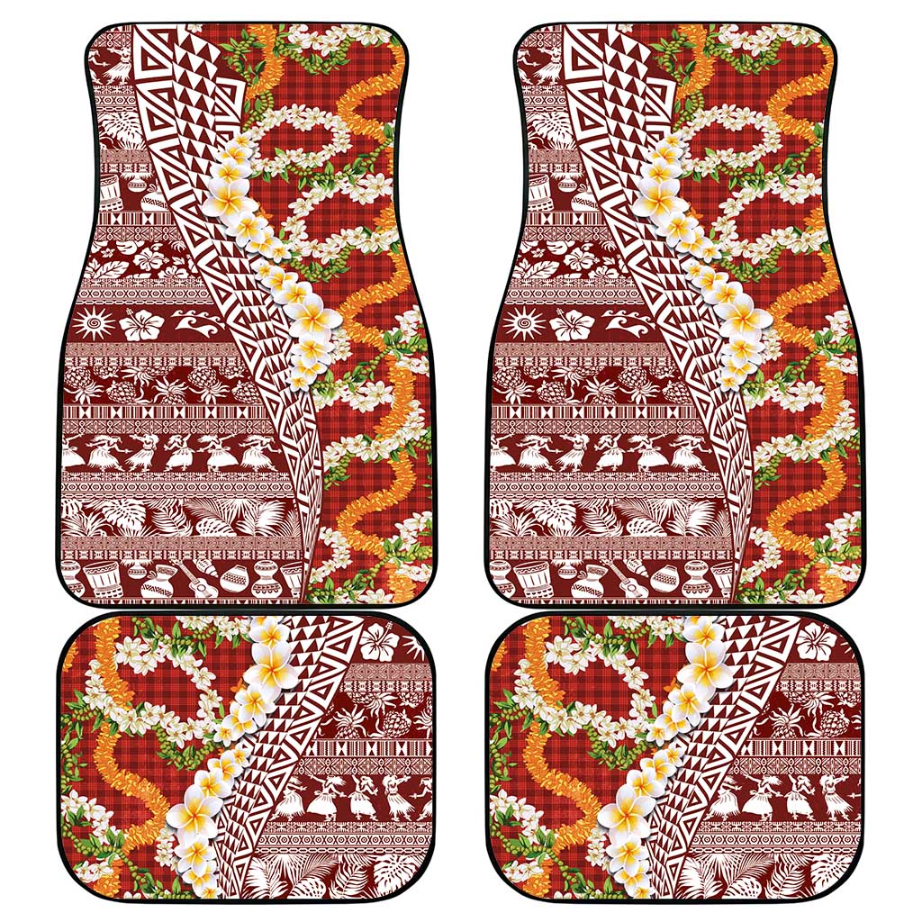 Hawaiian Plumeria Lei Car Mats Kakau Motifs and Palaka Half Style Red Color - Polynesian Pride