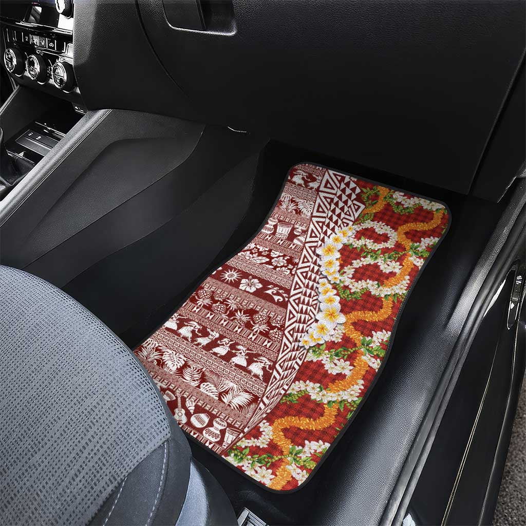 Hawaiian Plumeria Lei Car Mats Kakau Motifs and Palaka Half Style Red Color - Polynesian Pride