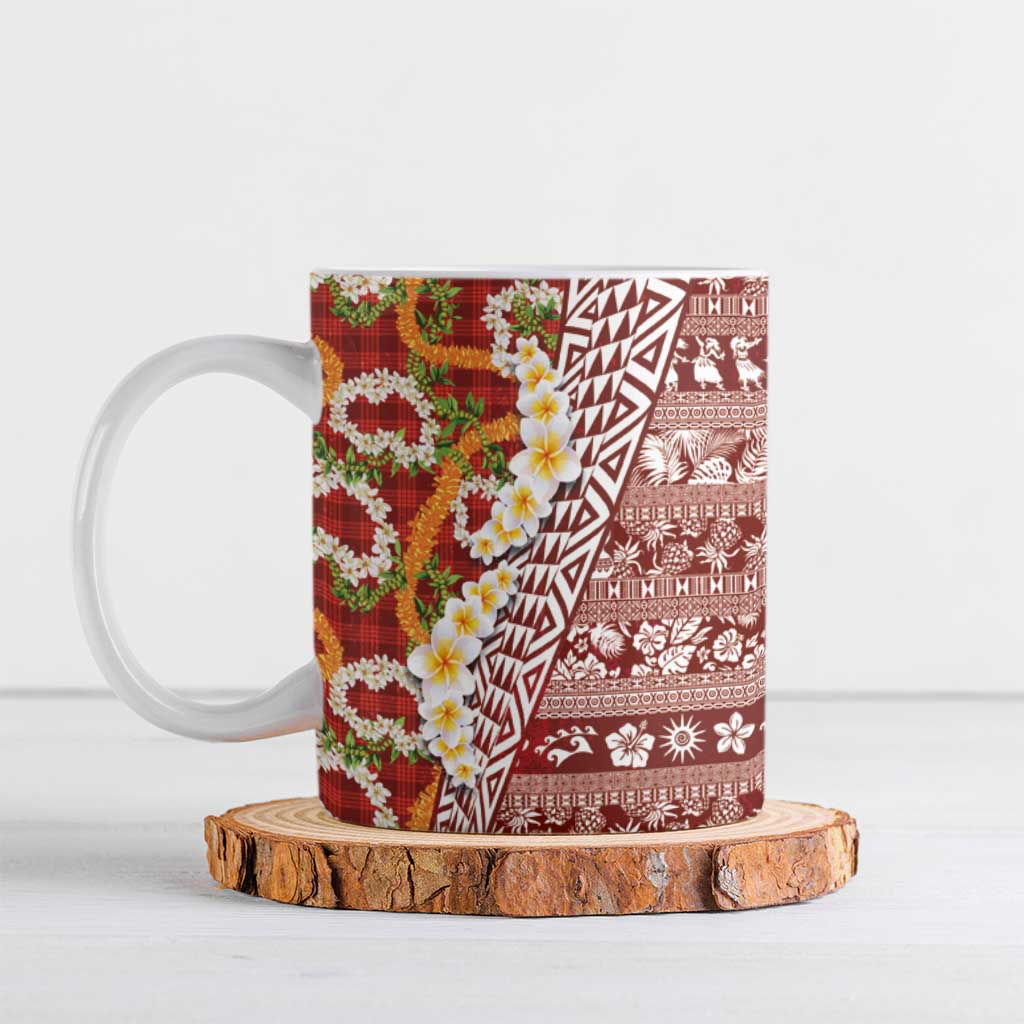 Hawaiian Plumeria Lei Ceramic Mug Kakau Motifs and Palaka Half Style Red Color LT03 Red - Polynesian Pride