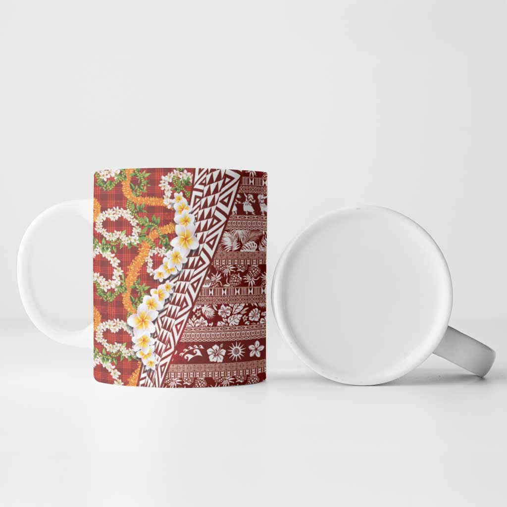 Hawaiian Plumeria Lei Ceramic Mug Kakau Motifs and Palaka Half Style Red Color LT03 - Polynesian Pride
