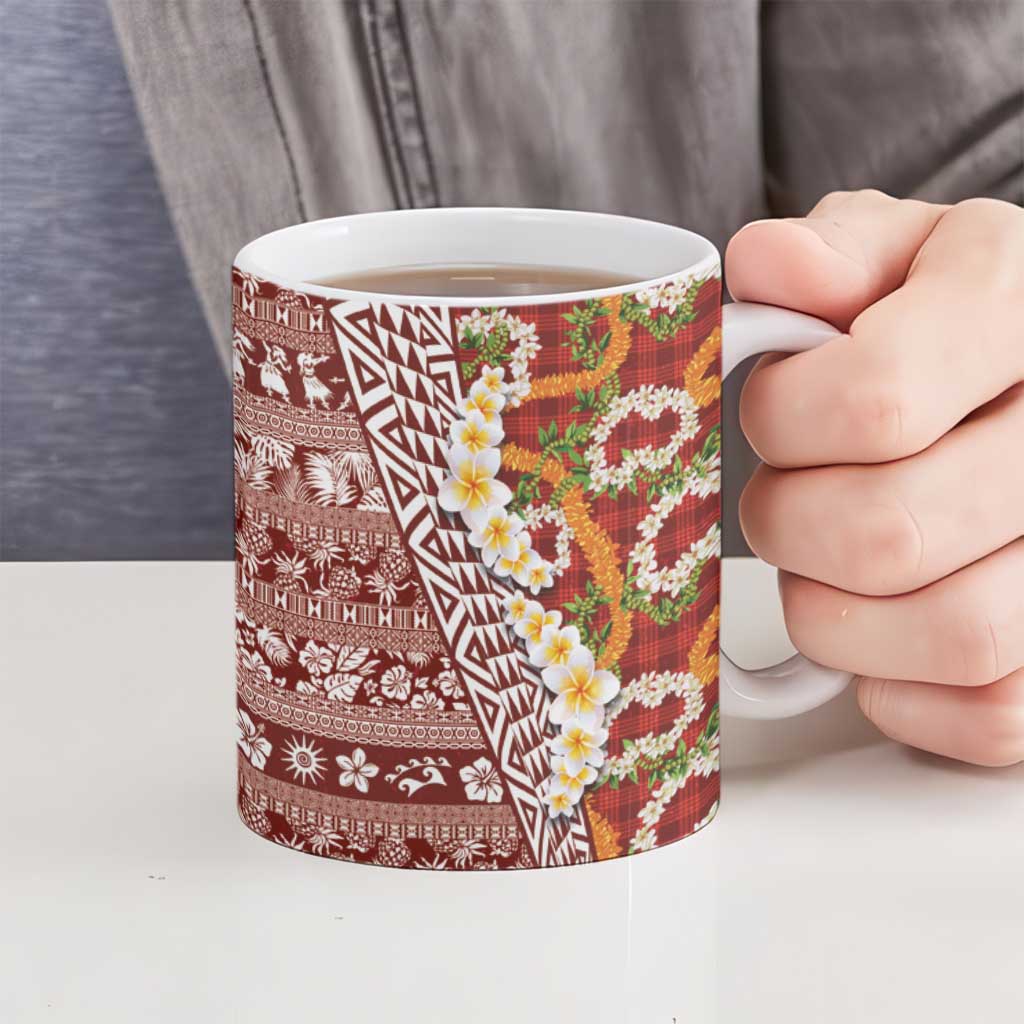 Hawaiian Plumeria Lei Ceramic Mug Kakau Motifs and Palaka Half Style Red Color LT03 - Polynesian Pride