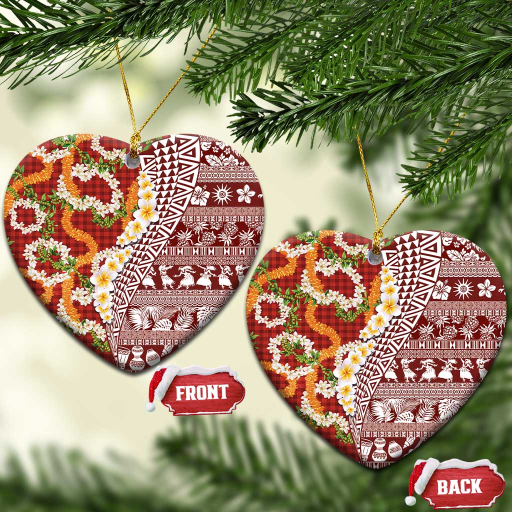 Hawaiian Plumeria Lei Ceramic Ornament Kakau Motifs and Palaka Half Style Red Color - Polynesian Pride