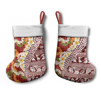 Hawaiian Plumeria Lei Christmas Stocking Kakau Motifs and Palaka Half Style Red Color LT03 - Polynesian Pride