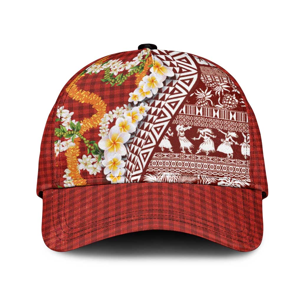 Hawaiian Plumeria Lei Classic Cap Kakau Motifs and Palaka Half Style Red Color - Polynesian Pride