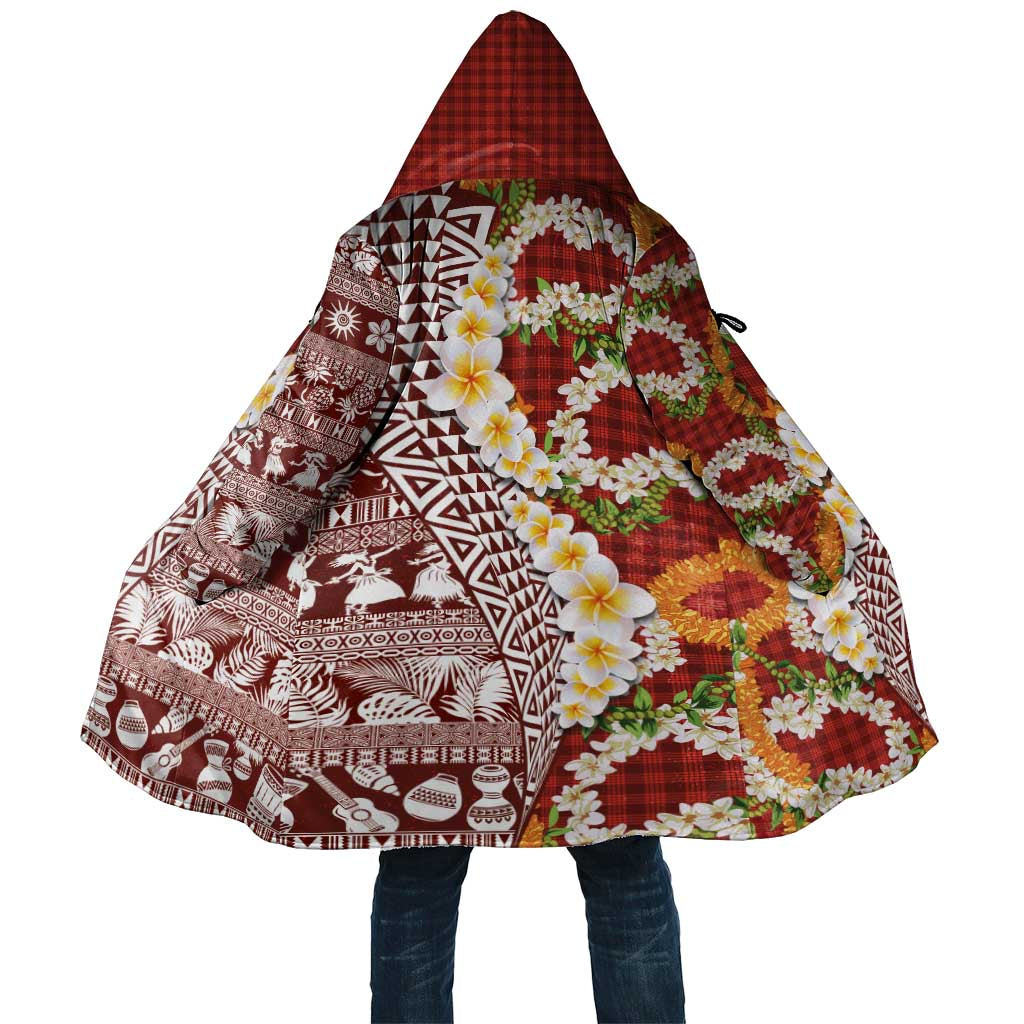 Hawaiian Plumeria Lei Cloak Kakau Motifs and Palaka Half Style Red Color LT03 Unisex Red - Polynesian Pride