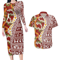 Hawaiian Plumeria Lei Couples Matching Long Sleeve Bodycon Dress and Hawaiian Shirt Kakau Motifs and Palaka Half Style Red Color - Polynesian Pride