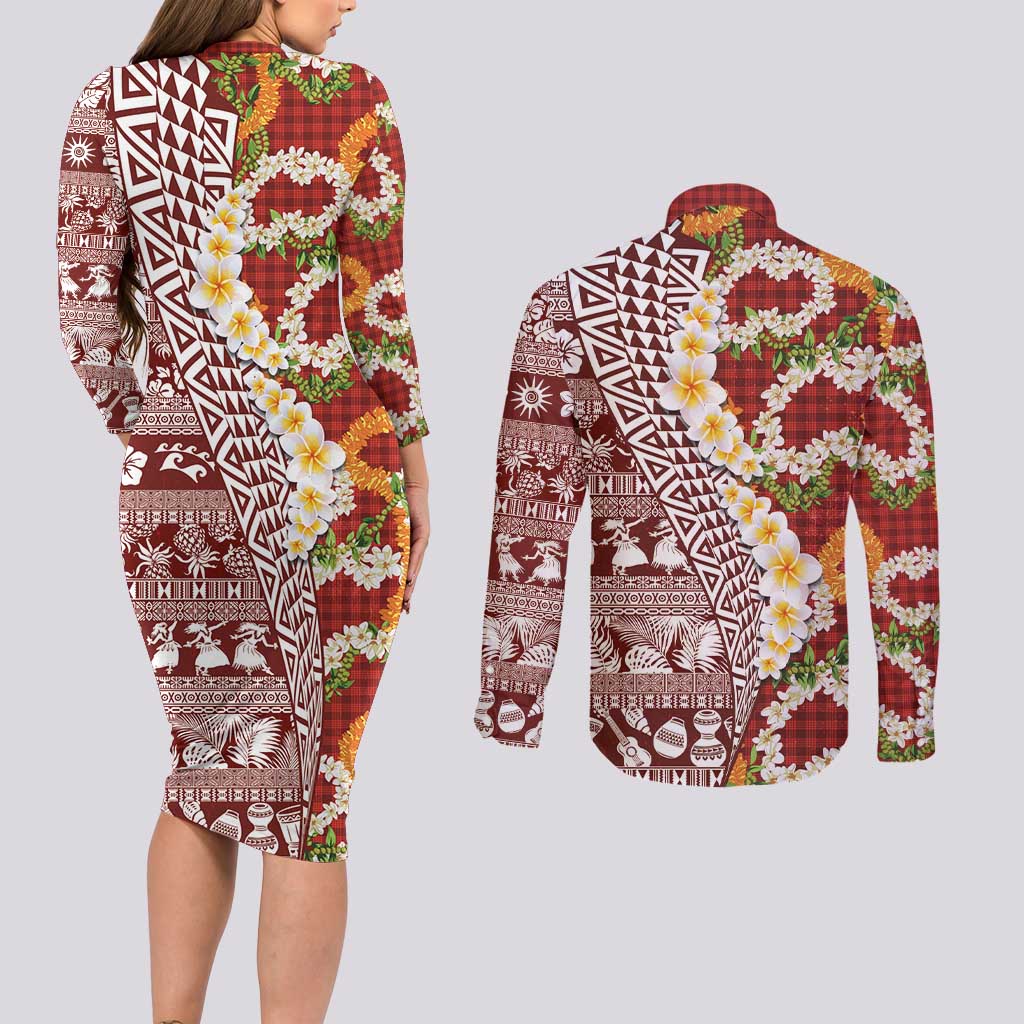 Hawaiian Plumeria Lei Couples Matching Long Sleeve Bodycon Dress and Long Sleeve Button Shirt Kakau Motifs and Palaka Half Style Red Color - Polynesian Pride