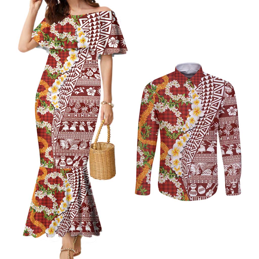 Hawaiian Plumeria Lei Couples Matching Mermaid Dress and Long Sleeve Button Shirt Kakau Motifs and Palaka Half Style Red Color - Polynesian Pride