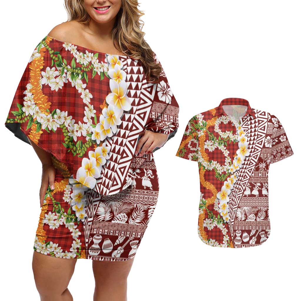 Hawaiian Plumeria Lei Couples Matching Off Shoulder Short Dress and Hawaiian Shirt Kakau Motifs and Palaka Half Style Red Color - Polynesian Pride