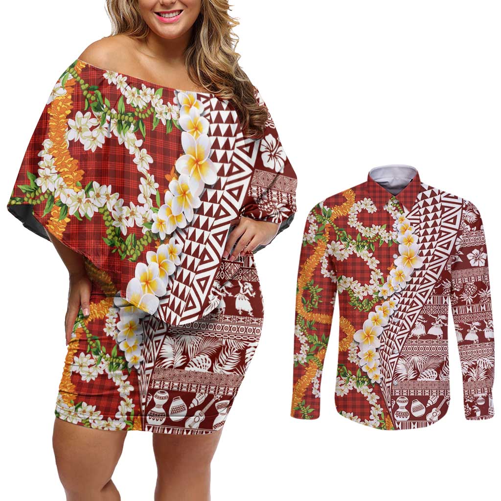 Hawaiian Plumeria Lei Couples Matching Off Shoulder Short Dress and Long Sleeve Button Shirt Kakau Motifs and Palaka Half Style Red Color - Polynesian Pride