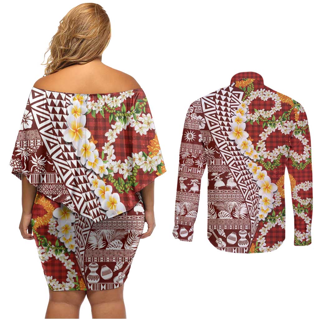 Hawaiian Plumeria Lei Couples Matching Off Shoulder Short Dress and Long Sleeve Button Shirt Kakau Motifs and Palaka Half Style Red Color - Polynesian Pride