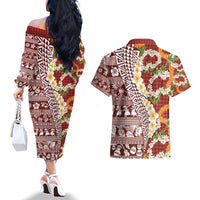 Hawaiian Plumeria Lei Couples Matching Off The Shoulder Long Sleeve Dress and Hawaiian Shirt Kakau Motifs and Palaka Half Style Red Color - Polynesian Pride